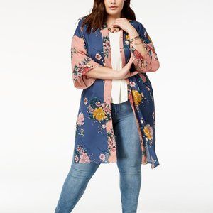 Planet Gold Plus 3X Mixed Floral Print Kimono Navy Kaftan with Pink Sleeves